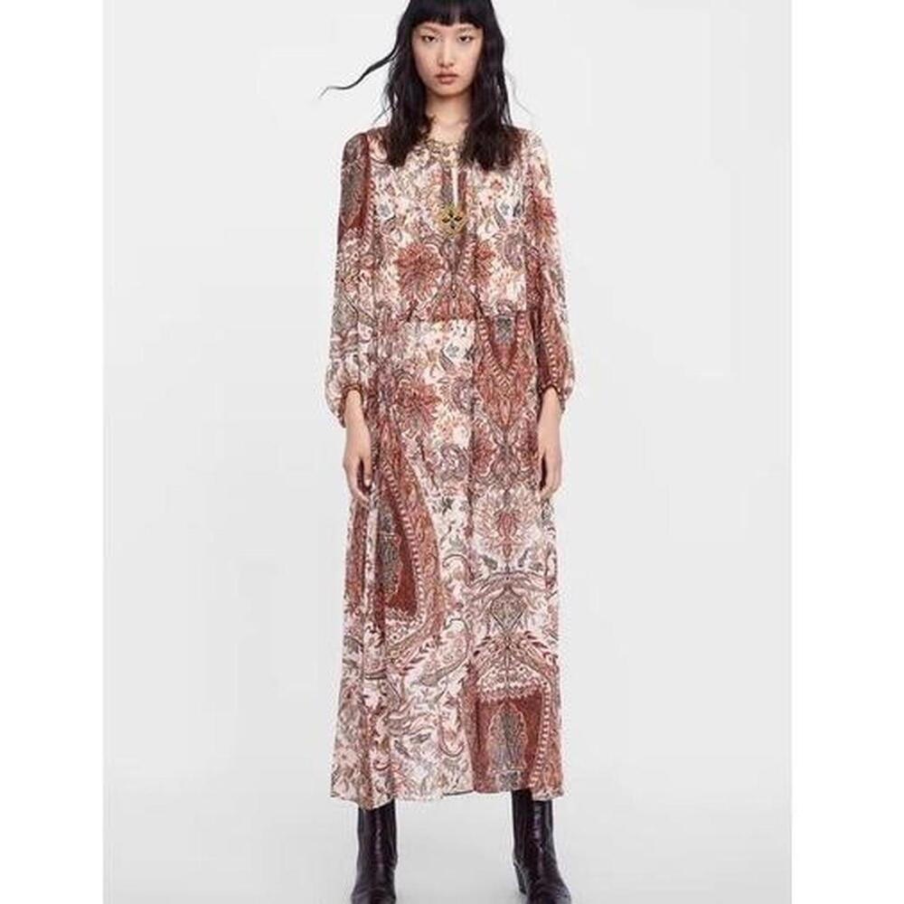 Zara paisley print boho maxi dress Size L orange burgundy paisley spring Easter